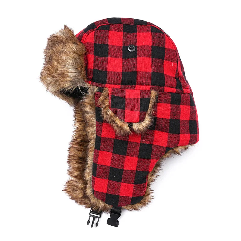 Plaid Faux Fur Bomber Hat for Women Men Custom Riding Fuzzy Thick Warm Black Red Checked Earflap Winter Cap Fur Trapper Hat