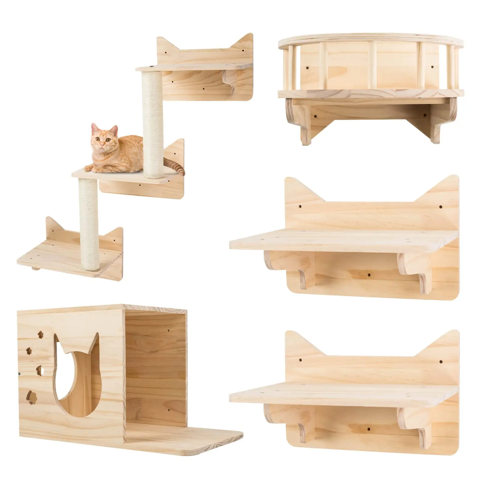 High Quality Set of 5 Furniture Set Solid Wood Wall Mounted Carpet-Covered Cat Shelves and Perches for Wall
