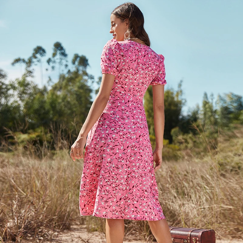 2022 fashion Floral print ladies midi dress short sleeve Korea style polyester Summer girl casual maxi dresses