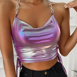 XQM Summer Contrast Color Stitching Purple Vest Sleeveless Halter Top Slim Backless Vest Women
