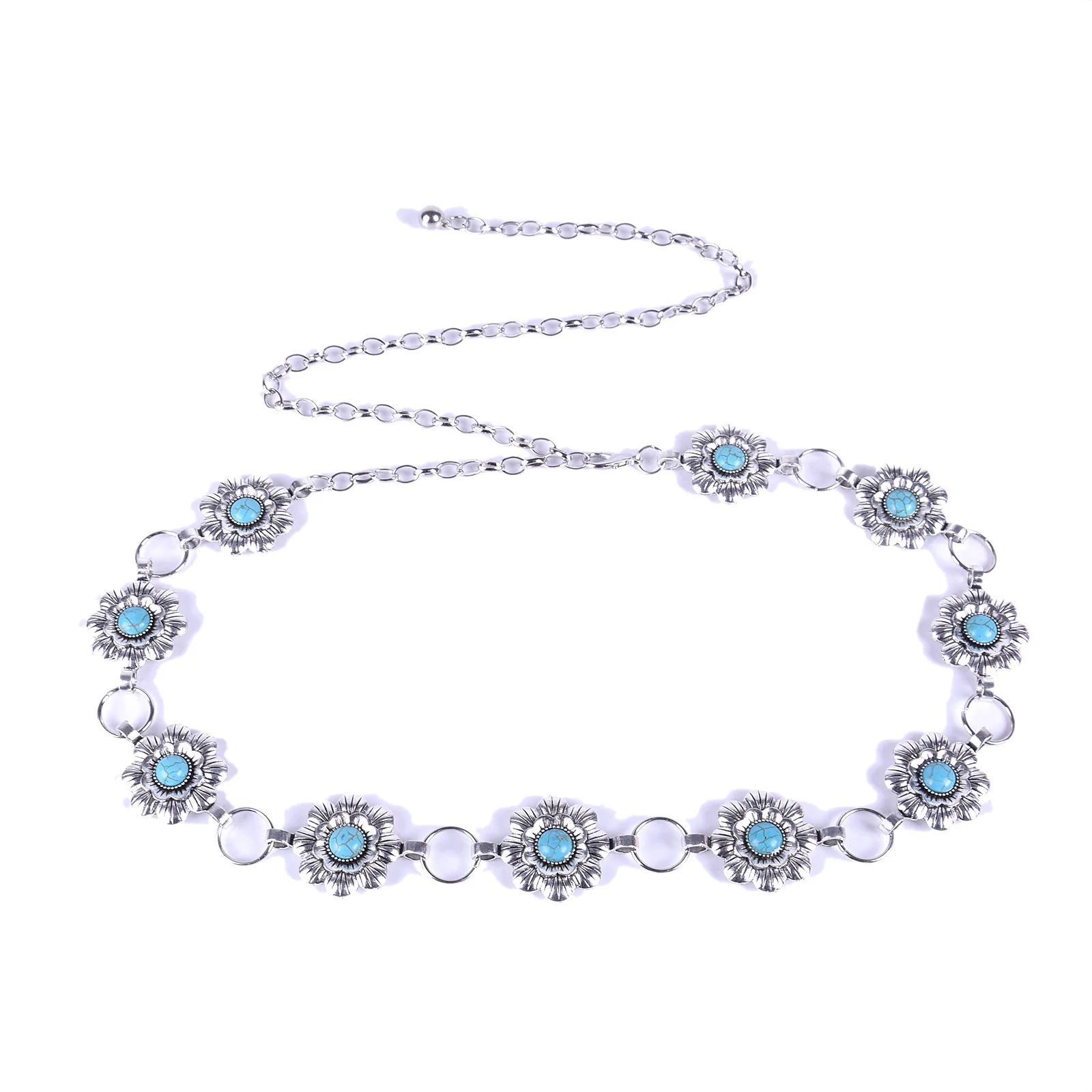 Fashion Oval Turquoise Stone Concho Retro Metal Belt Body Chain Jewelry Waist Belts For Women