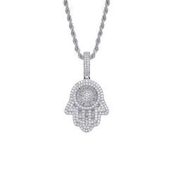 Iced Out Vintage Jewelry 18k Gold Plated AAA CZ Micro Pave Baguette Hamsa Hand Pendant Necklace