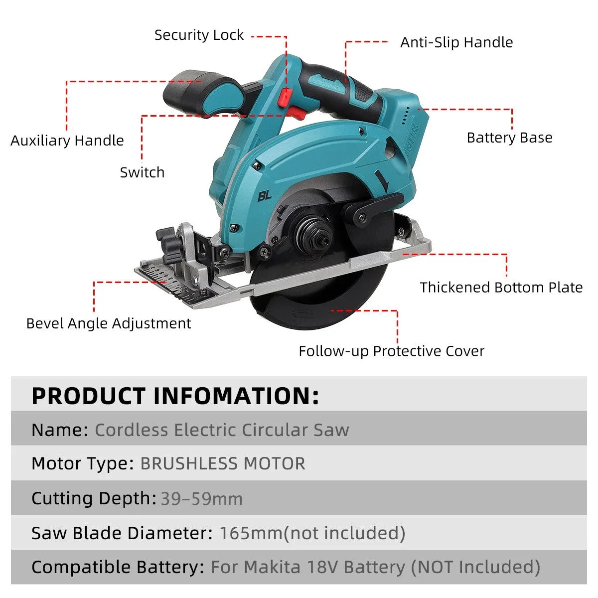NEWONE Brushless Circular saw 165mm Cordless Electric saw For Wood Metal Ceramic Stone Wall Cutting Electric For 18V Makite