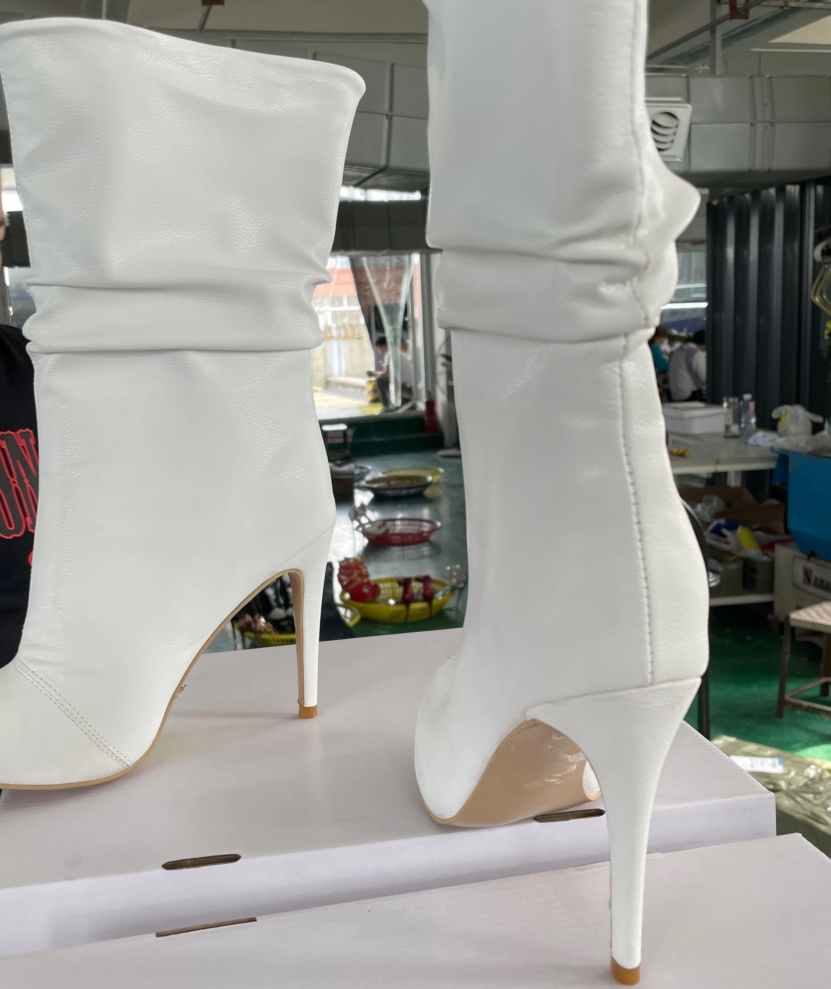 White color peep toe glitter pu leather high heeled ankle bootie calf boots for women and ladies
