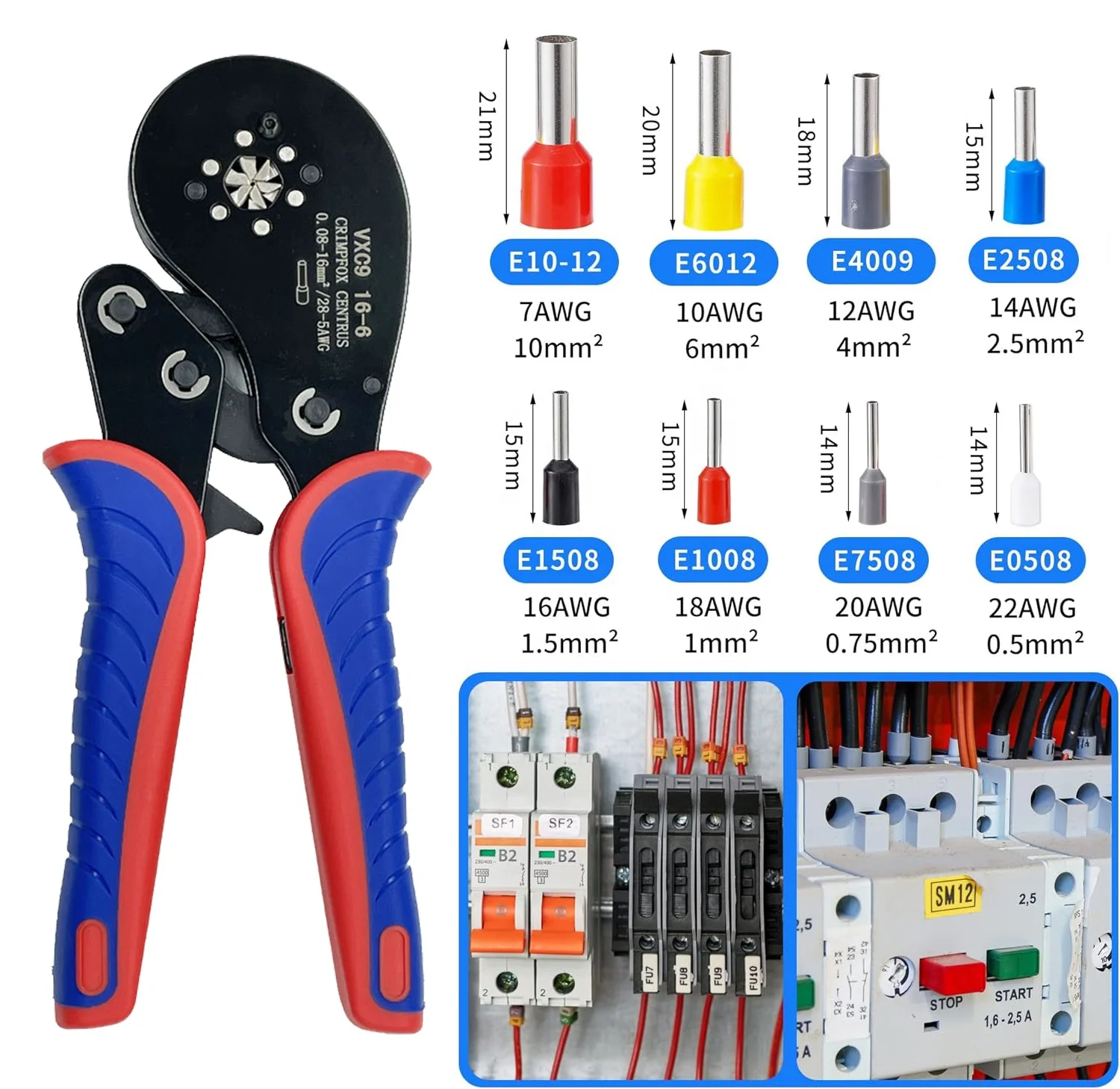 HSC8 16-4 Crimping Plier 28-5AWG 0.08-16mm Quadrilateral Ratcheting Ferrule Crimping Tool Crimper with 1200PCS Terminal