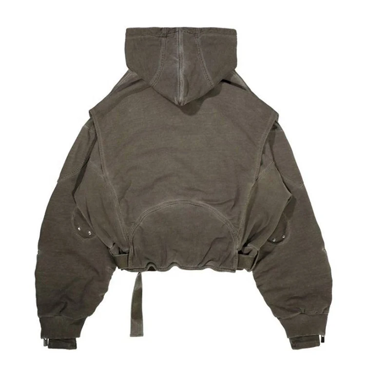Men Layered Construction Sweatshirt Cotton Blank Heavy Weight Pullover Acid Wash Oversize Adjustable Belt Men Hoodies
