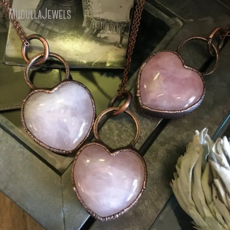 NM35254 Heart Stone Pendant Soldered Rose Quartz Crystal Heart Necklace Copper Plated Jewelry Valentines Day Gift