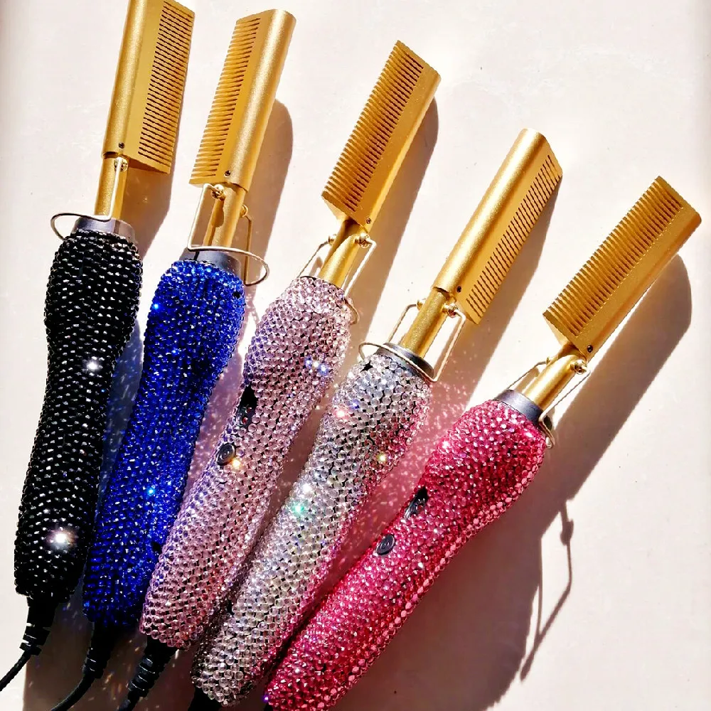 Diamond Inlaid Copper Electric Hair Straightener Combs Wet And Dry Heat Pressing Comb Bling Rhinestone Handheld Hot Comb
