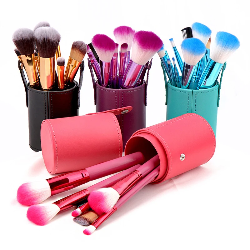 12Pcs Private Label Fashion Japanese Poundation Powder Travel Wooden Make Up Brush Set WIth Cup Holder Case