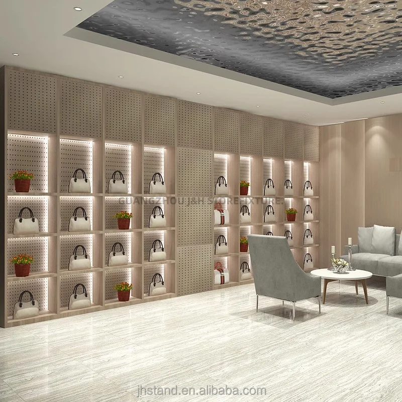 Factory shoes rack clothes display store 3D design custom wall shelves display table shoes box bag book shelf wall gold shelf