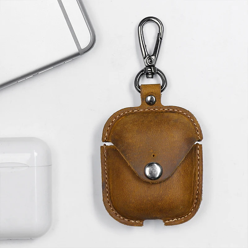 Best Selling Handheld Portable Travel Mini Durable First Layer Cowhide Headphone Storage Bag With Metal Buckle