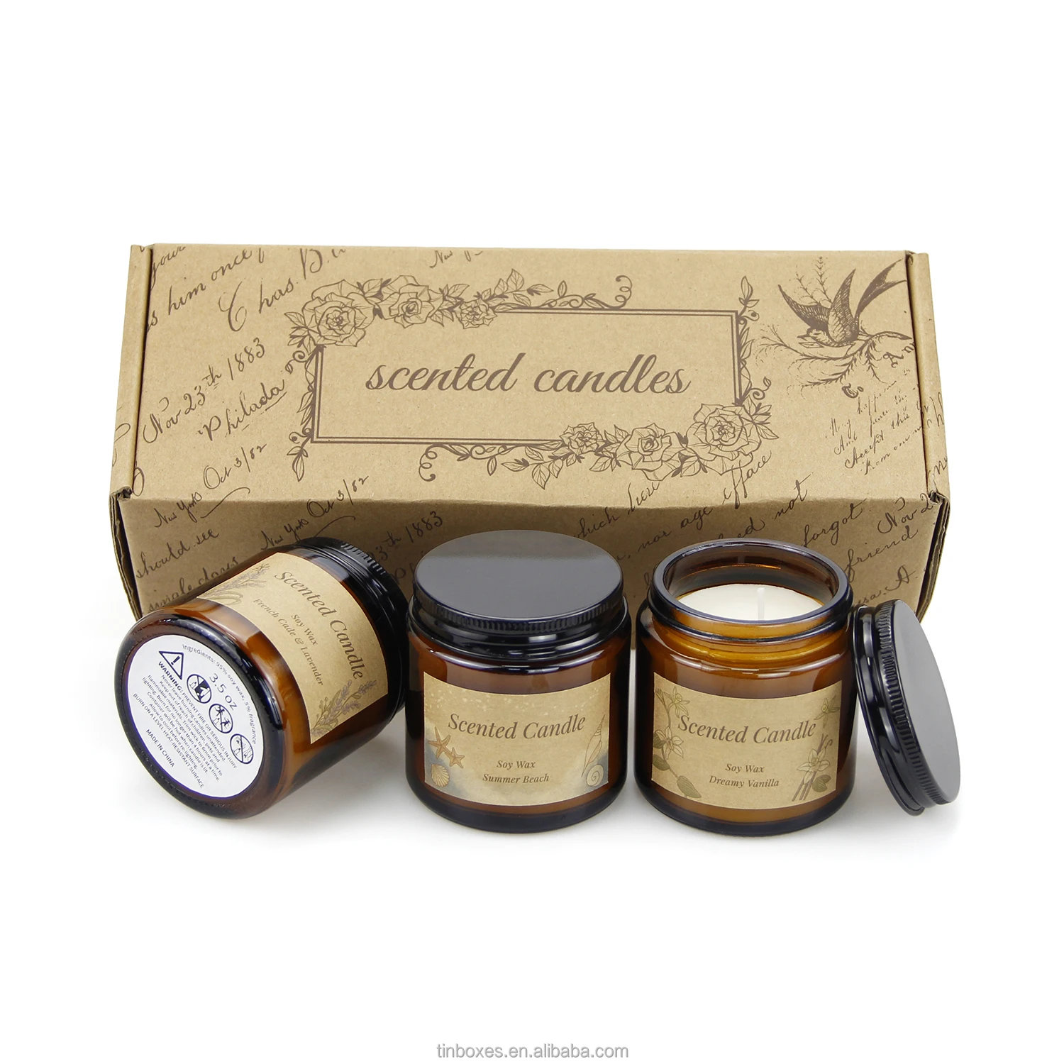 Stock Custom 3.5oz Nature Luxury Private Label Aroma Soy Wax Amber Glass Candles Scented jar With  Tin Lid