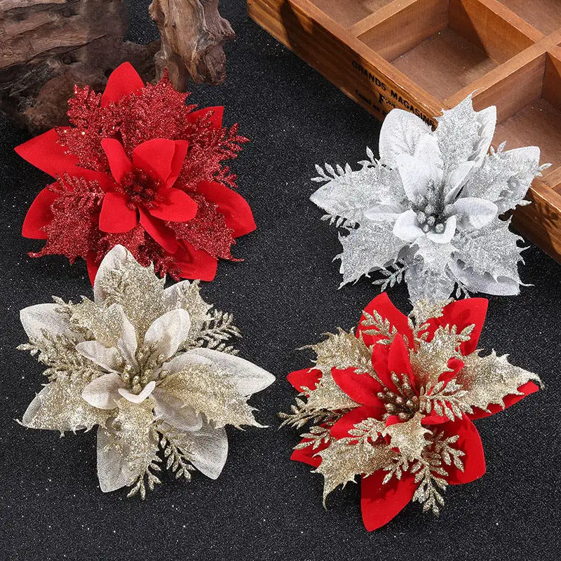 Manufacture wholesale artificial gifts Christmas flowers decorated with matching glitter and sequins