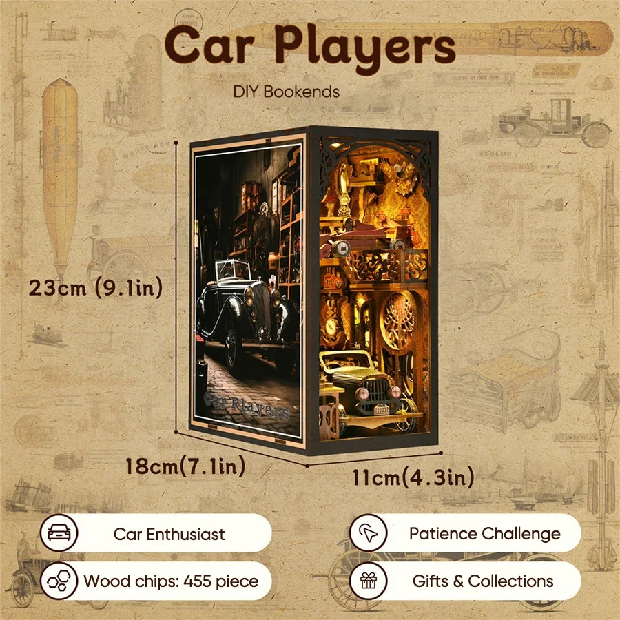 Book Nook Kit 3d Wooden Puzzle Bookend Diy House Booknook Shelf Insert Car Players Series Booknook