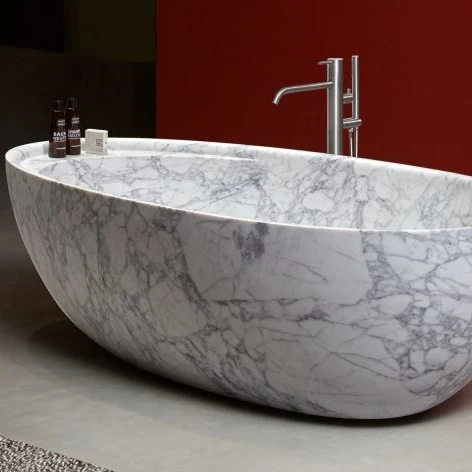 White Solid Marble Hand Carved Oval Natural Stone Whirlpool Bathtub for Bathroom