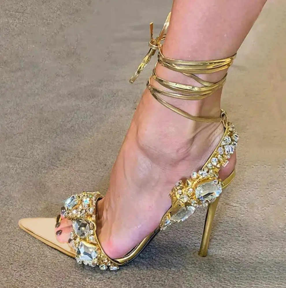 summer chic new arrival women shoes plus size cross border bandage  elegant sandals luxury diamond high heels pump