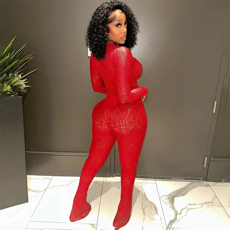 Autumn and Winter New Fashion Lace Hollow Out Perspective One Piece Top and Pants Set