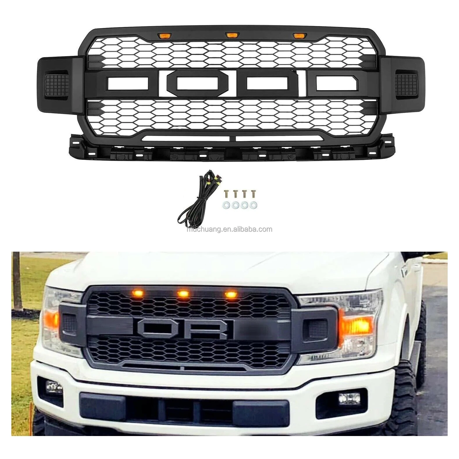 American hot selling retail auto parts Car Grille For 2018 2019 2020 Ford Raptor Style F150 Pickup Mesh Upper Hood Grille LED