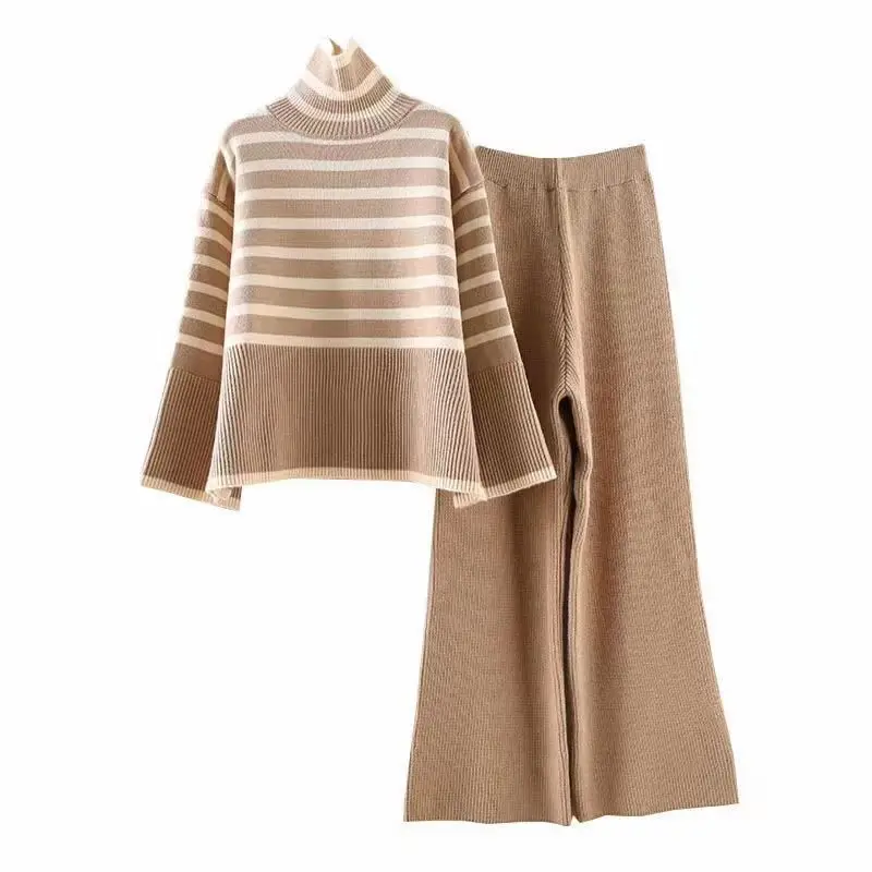 Women 2 piece Set High Collar Sweater + Long Pants Straight Wide Leg Knitwear Outwear Pullover Loose Lady Knitting Sweater Suits