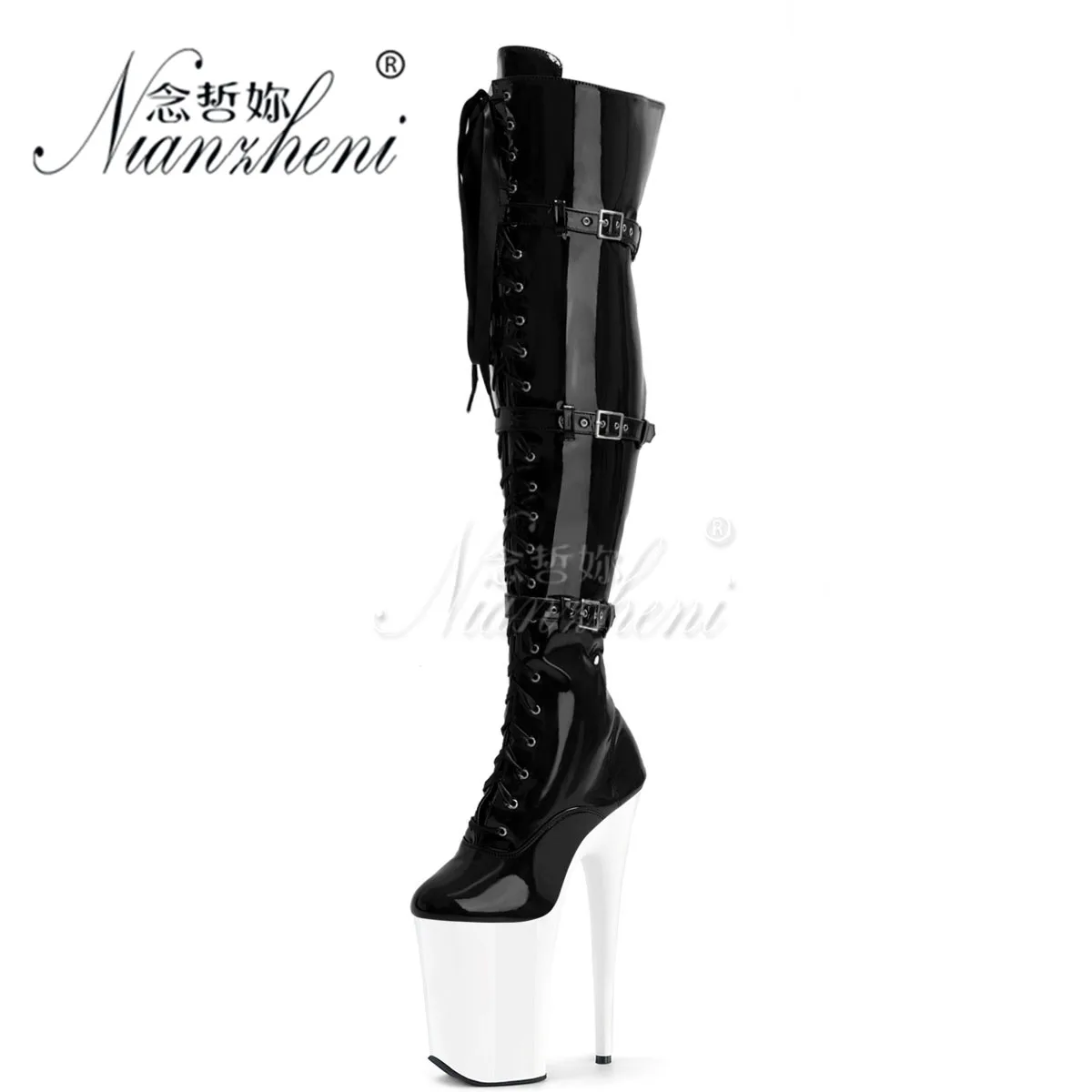 Pole Dance Long Boots Round Toe 23cm Catwalk Fashion Nightclub Sexy Fetish Retro Belt Buckle Stripper Heel Models Catwalk Gothic