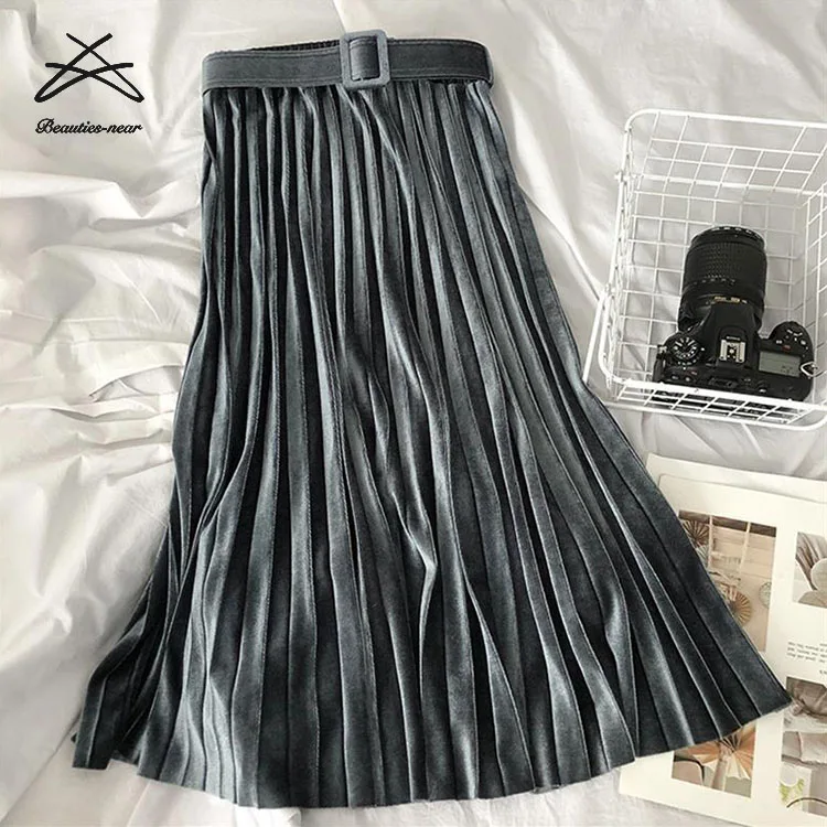 Women Korean Ladies Belt Ladies Velvet Pleated Elegant Womens Aline High Waist Midi Skirts