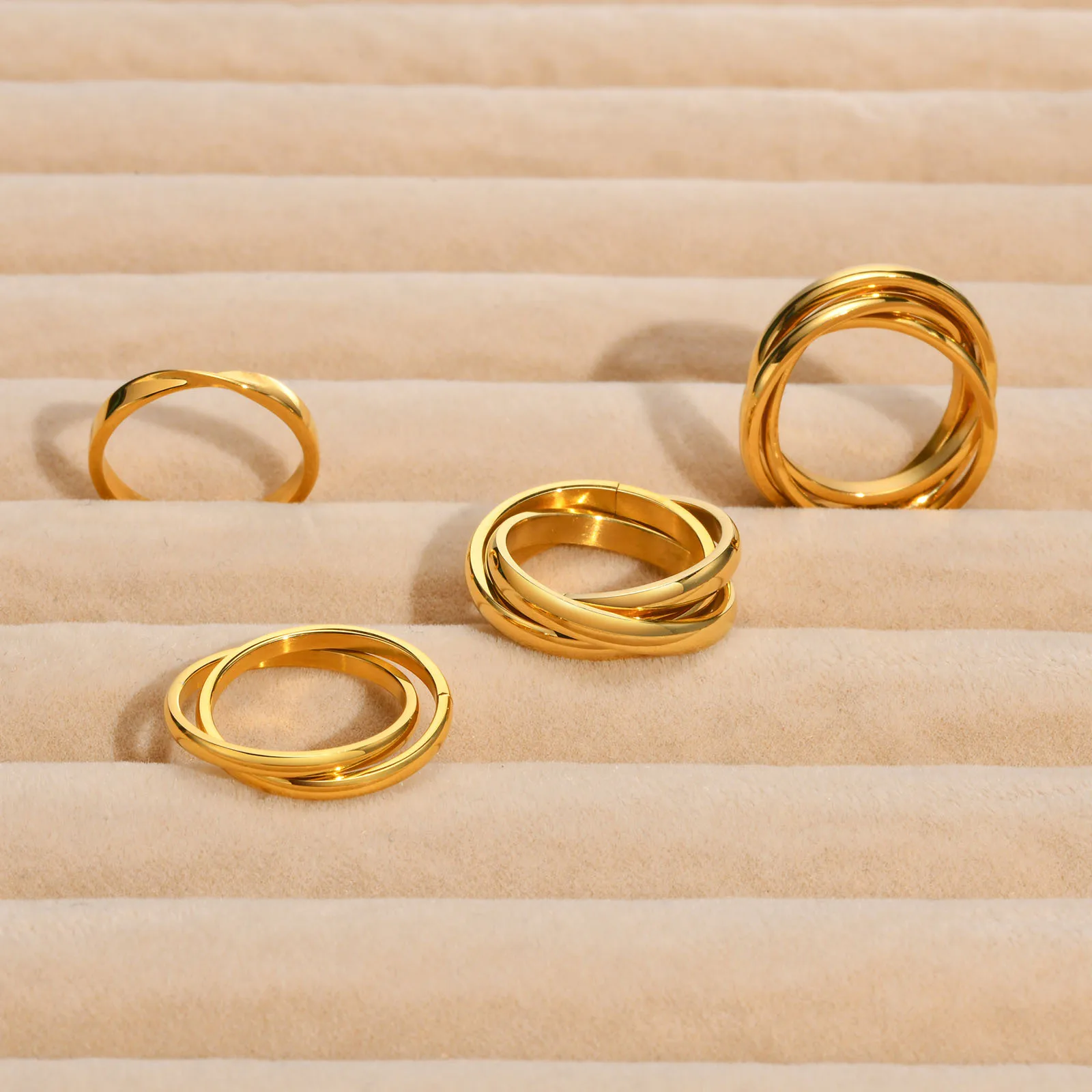 Hot Sale 18K Gold Plated Double Triple Circles Ring Tarnish Free Stainless Steel Glossy Rings For Women
