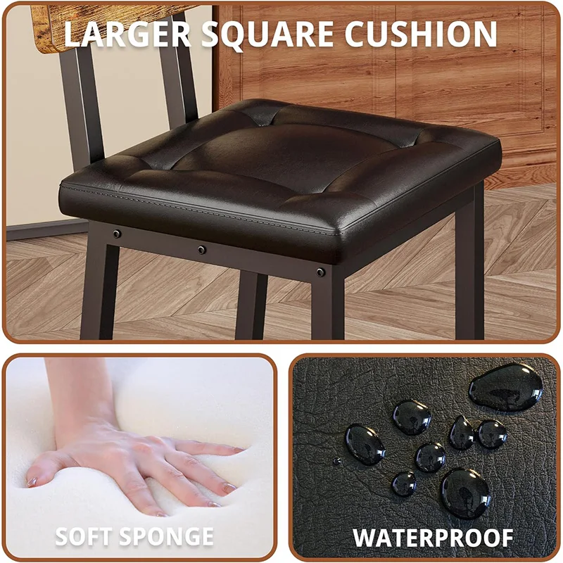 Square Pu Upholstered Bar Stool With Backrest And Foot Pedals Thick Upholstered Stool For Kitchen Counter Bar Pack of 2