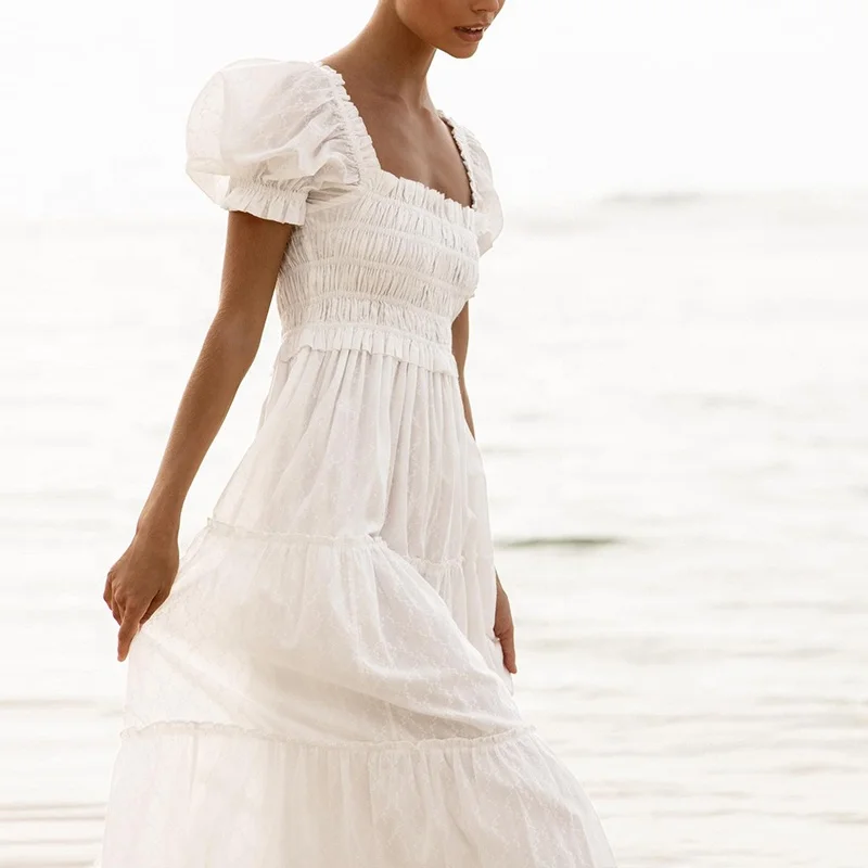 Women cotton long casual grace  dress puff sleeves for holiday