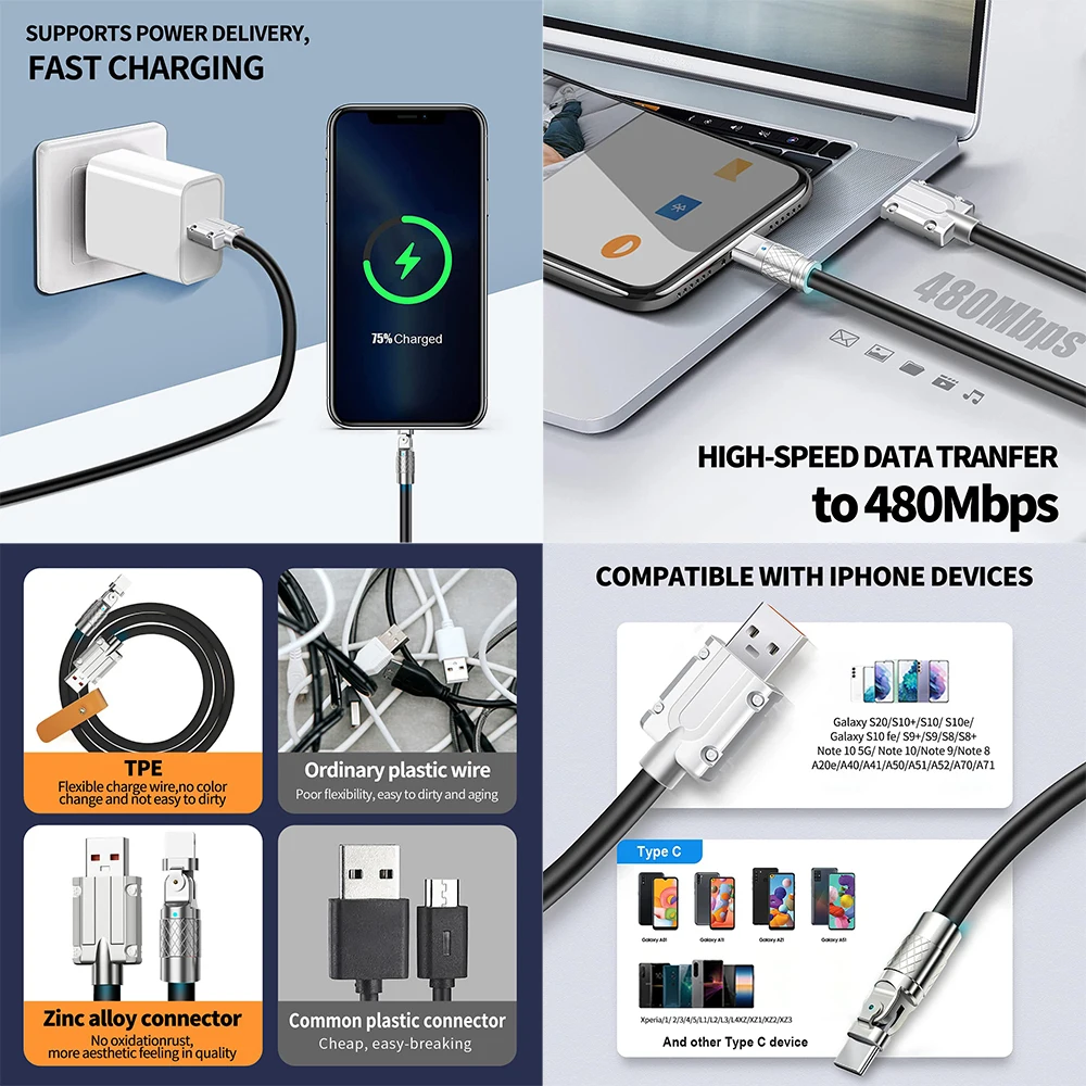 Дешевый USB-кабель с 180 градусов вращающийся металлический цинковый сплав жидкий силикон PD 120 Вт 6A супер быстрая зарядка игровой линии Type-C со светодиодом