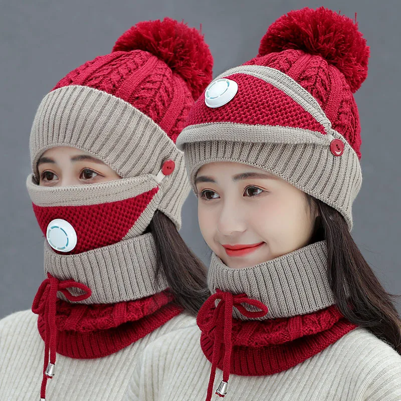 New Windproof Beanies Hat Women Warm Knit Hats Scarf Sets Female Winter Padded Mask Neck Protector 3 PC Set Cycling Wool Caps