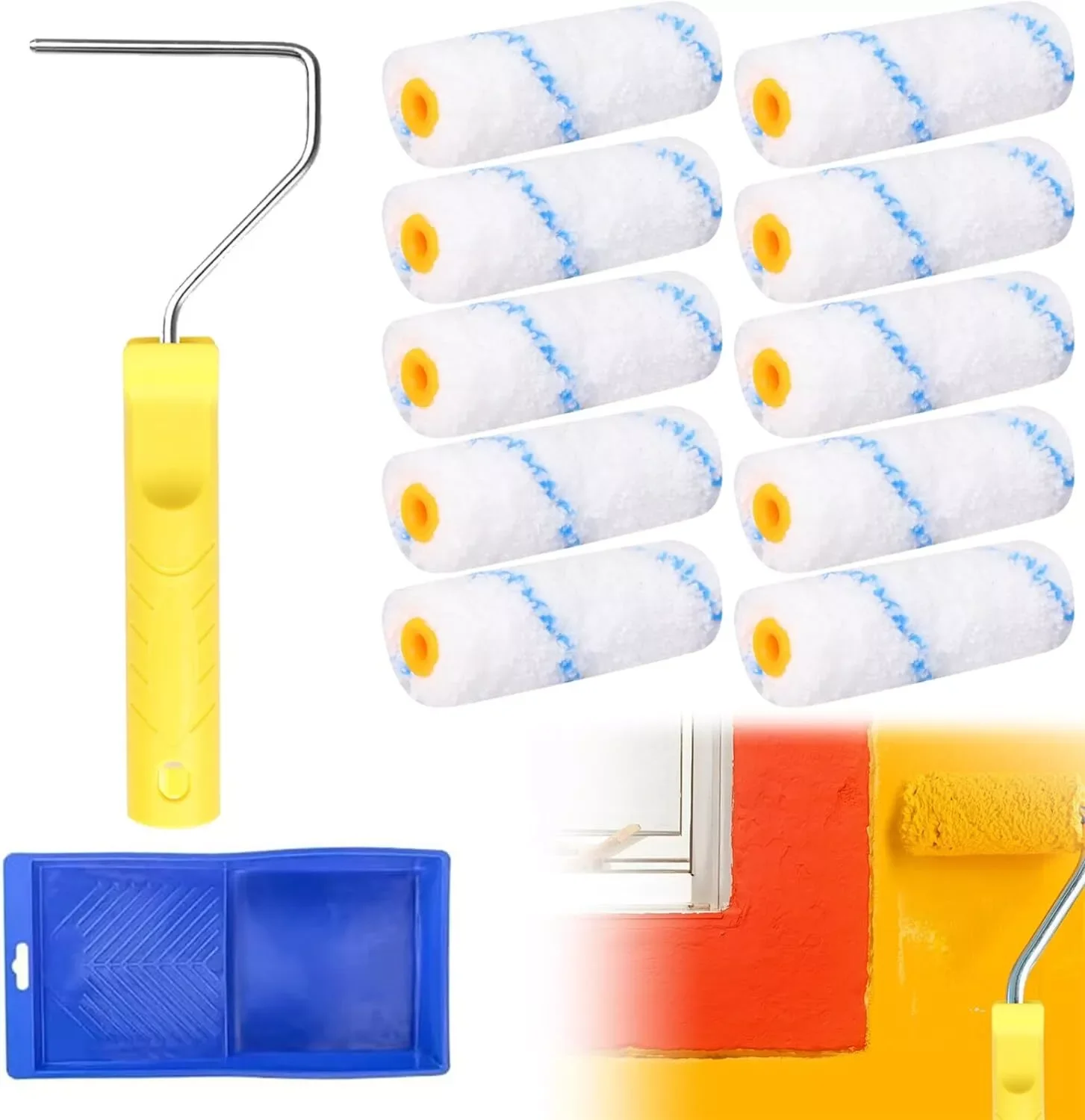 Hot sales 4 inch Blue Stripe Paint Roller 10 Pcs Kit Mini Microfiber Rollers Brush