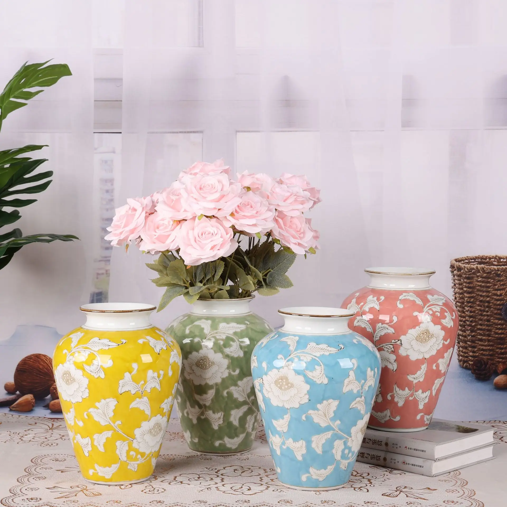 New Chinese Style Ceramic Vase Ornaments Hallway Living Room Hotel Model Soft Decorations Hand-painted Blue and White