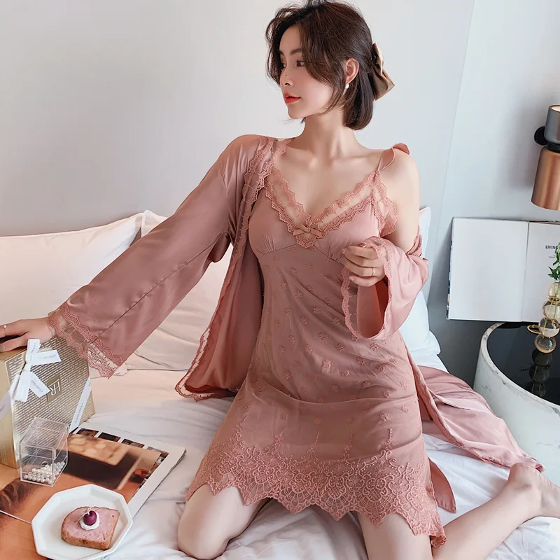 
Summer Gorgeous pajamas For Women Satin Sleepwear Lace Robe And Night Dresses Set 