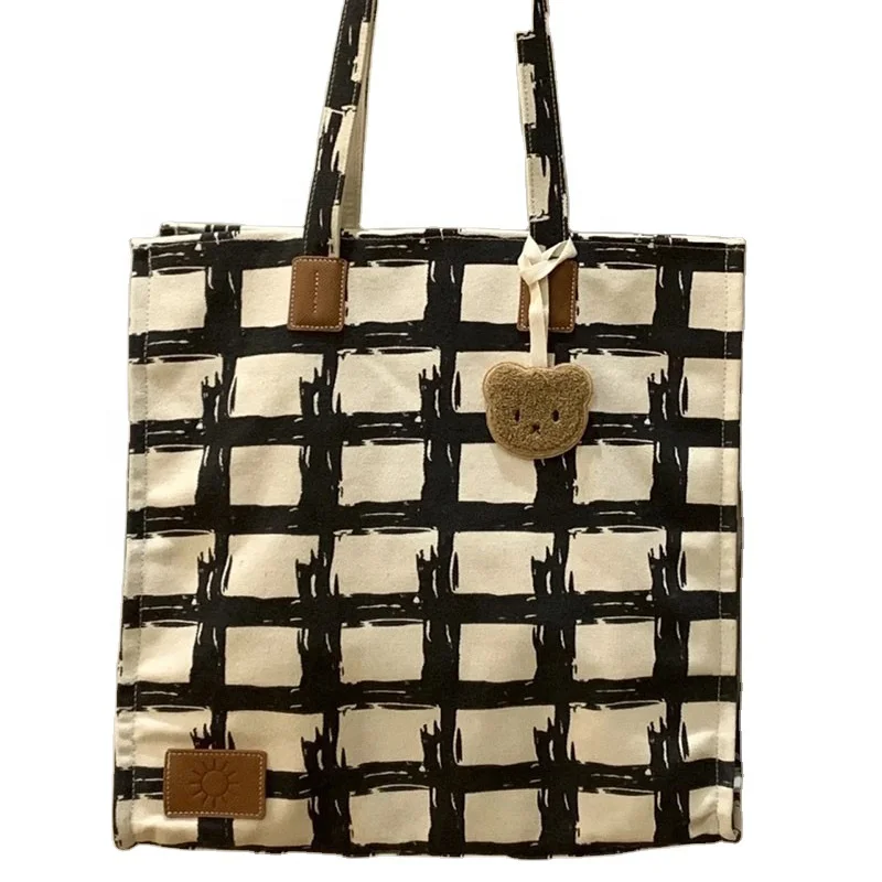 2022 OMOI Custom  Wholesale Canvas Lattice Fashion Women Girls Shopping Classic Tote Single Shoulder Sling Handle Bag Handbag