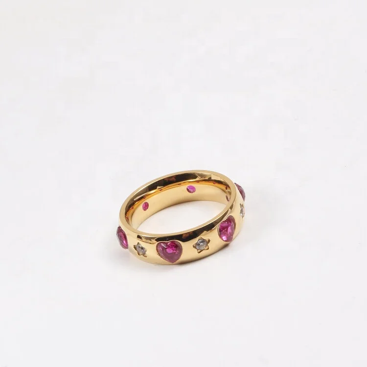 New arrival fashion stainless steel 18K gold plated zircon diamond inlaid red heart star rings women lady girls jewelry