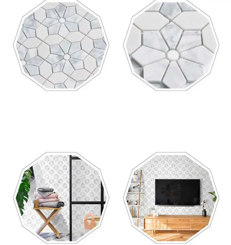 Bath Wall and Floor Mosaic Tile Kitchen Backsplash Flower Pattern Carrara White Marble Mosaic