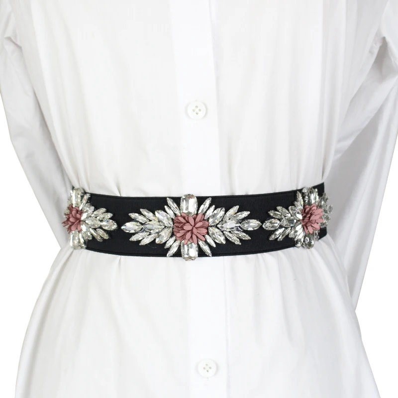 New cost-effective designer belt ladies elastic diamond belt flower decoration