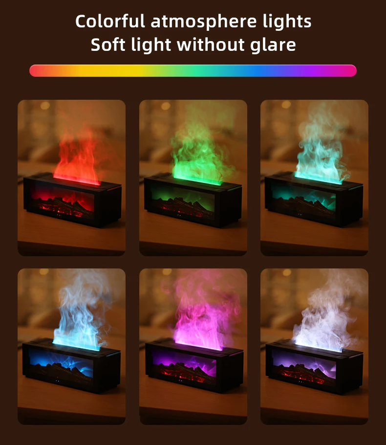 2024 New Unique fire flame humidifier aroma diffuser 7 colors led night light smart remote control oil essential aroma diffuser