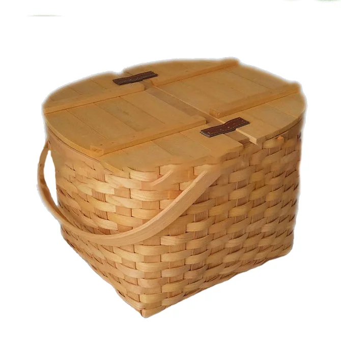 Guangxi Round Handmade Wood Chip Picnic Basket with Handles and Lid