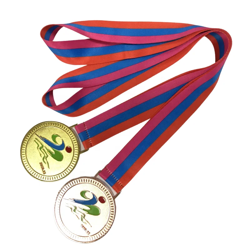 Wholesale custom Medalla Gold Plating Double Logo Medal Sublimation logo Ribbon Lanyard polyester lanyard with a medal
