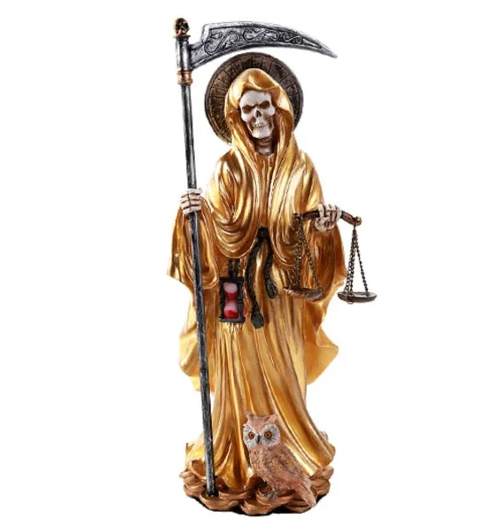 Holy Death Religious Robe | Skeleton Statue Standing Santa Muerte Holding Scythe and Scales of Justice with Wise Owl Figurine