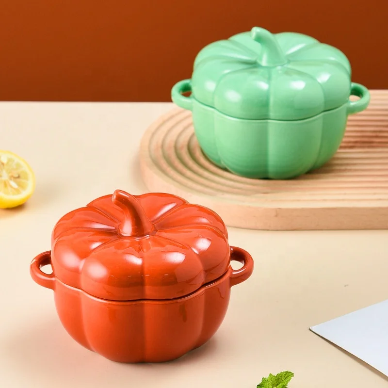 Halloween Creative Pumpkin Shape Ceramic Bowl Double Cute With Lid Container kitchen Dinnerware Soup Bowl