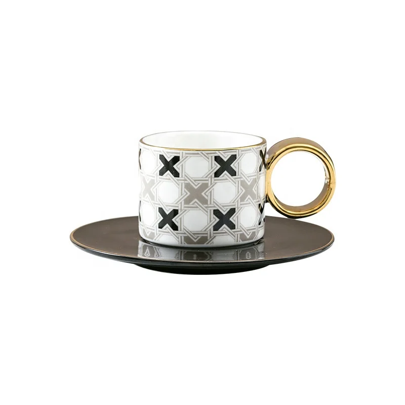 Nordic Stripe Ceramic Coffee Cup Saucer Set Gold Rim Luxury Drinking Cups Tea Cafe Mugs Coffeeware