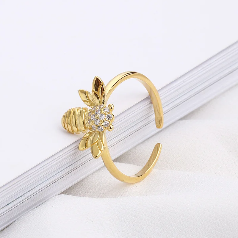  Hot sale cute 18k gold plated 925 sterling silver animal bee open rings for