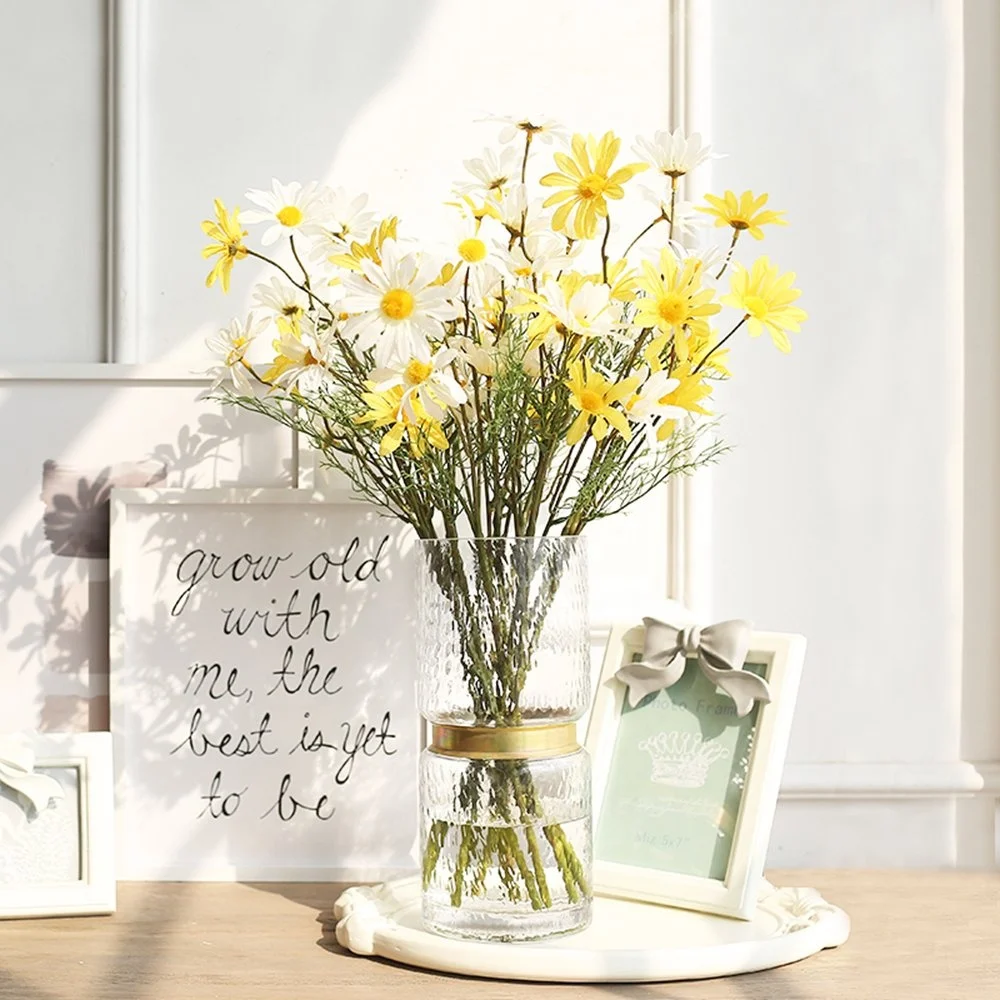 
Cylinder Clear Hammered Glass Flower Arrangement Vase Brass Gold Band Decor Dining Table Centerpieces Gifts for Wedding 