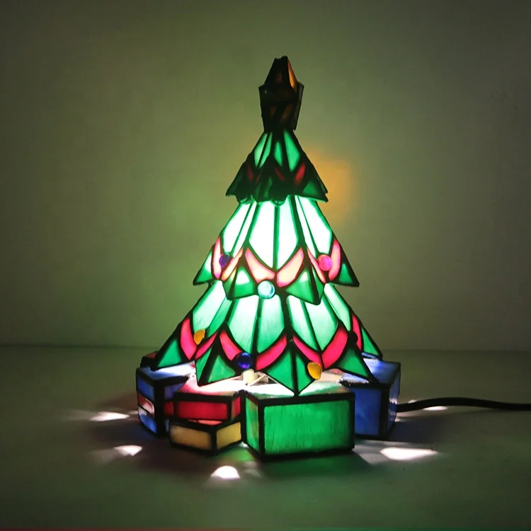 LongHuiJing Custom Made Hand Crafted Stained Glass Leaded Christmas Tree Lamp 9Inch Tall Tiffany Style
