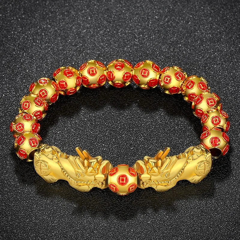 Luxury Charm 12mm Good Luck Buddha Lucky Wealth Pixiu Power Piyao Feng Shui 18K Gold Plated Black Obsidian Bracelet Men Women