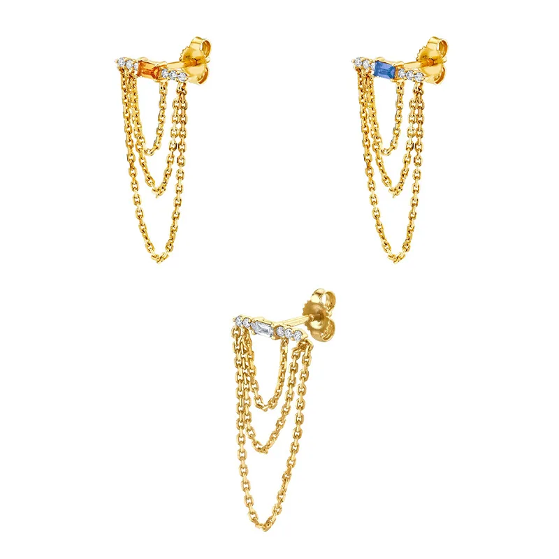 trendy Hip-hop mini stud earrings sterling silver 925 jewellery gold plated zirconia chain earrings for women