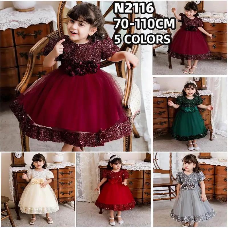 Western style layered fluffy princess dress Sequin gown for girls wedding party dress girls for 0-5 years old
