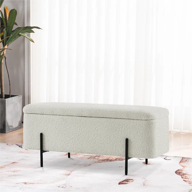 Boucle Storage Ottoman Teddy Fabric Upholstered Footstool Bed End Bench for Living Room Bedroom Entryway